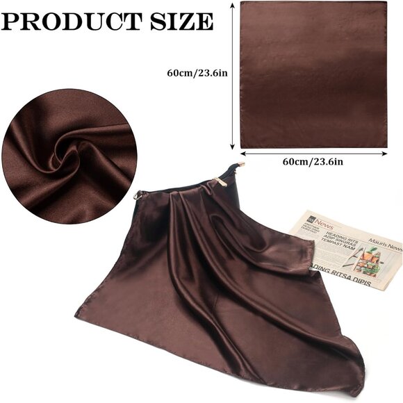 Women's Coffee Silk Feeling Scarf 23.6'' Square Satin Scarf Neck Head Bandana - Picture 3 of 7